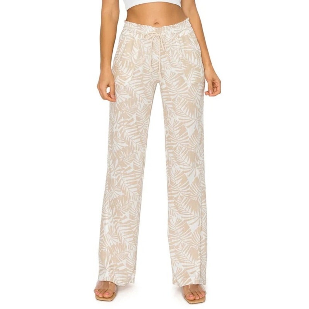 Cali 1850 Linen Beach Pants M Beige White Leaf Smocked Pull On Resort Tropical